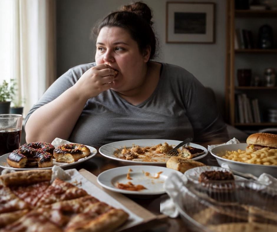 Ai generated image of an obese woman with a table full of food. Overeating.