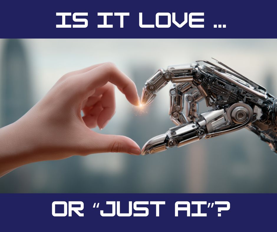 Human hand and robot hand forming a heart: falling in love with ai.