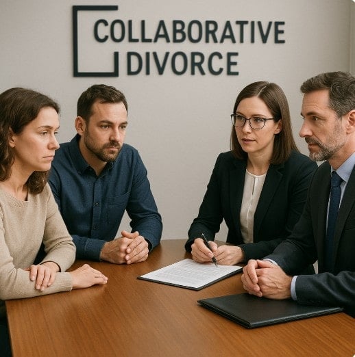 Collaborative Divorce Process Collaborative Divorce Process Meeting with 2 attornesy and a divorcing couple.