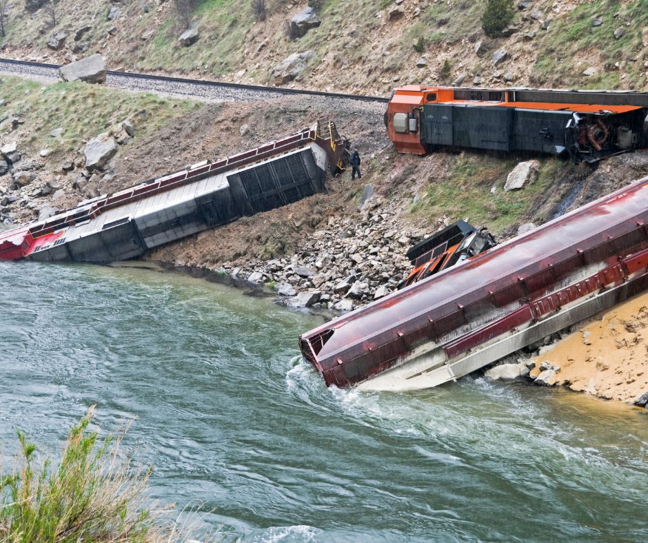 Derailed 3 train cars that went off the tracks and ended in teh ocean. Derailed.