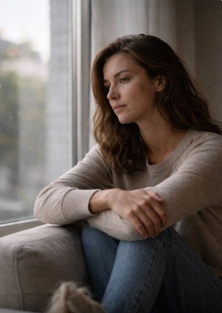 Life Transition Somber young woman dealing with a life transition is looking out a window.