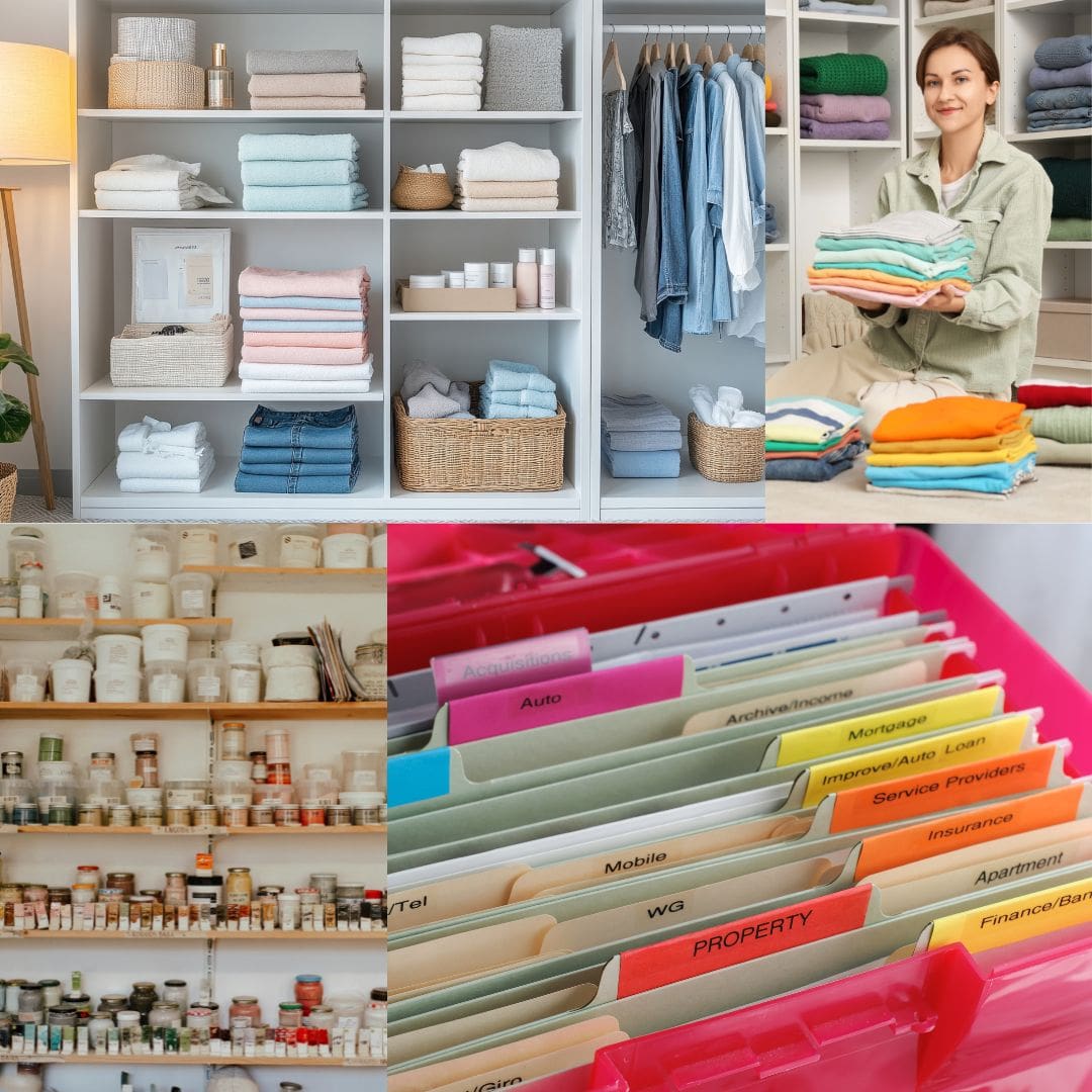 Organized Spouse Various organized closets and files with a smiling organized spouse standing over it all.