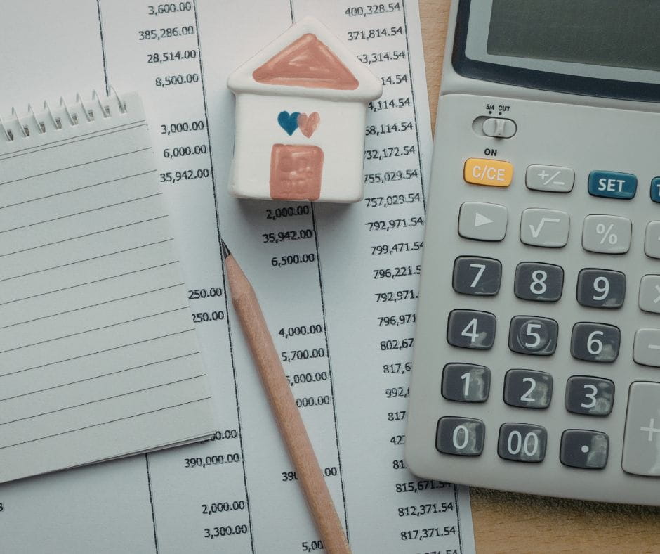 Financial Plan Budget, pencil, calculator and small ceramic house signifying having a financial plan.
