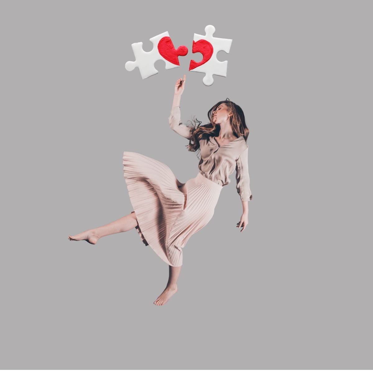 Free Falling After Divorce Woman with broken heart puzzle pieces above her head free-falling down.