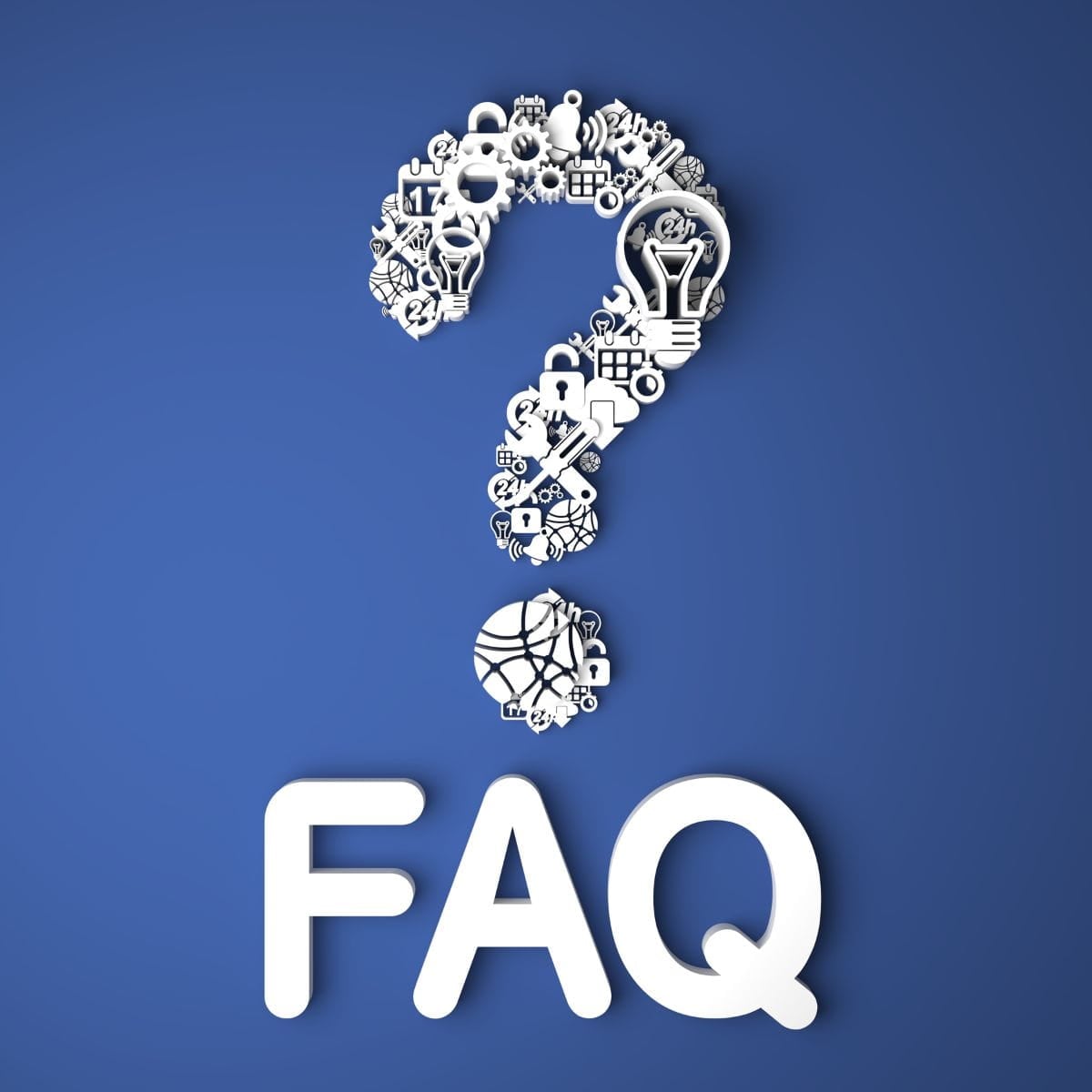Divorce FAQs White letters "FAQ" on a blue background with a question mark over them.