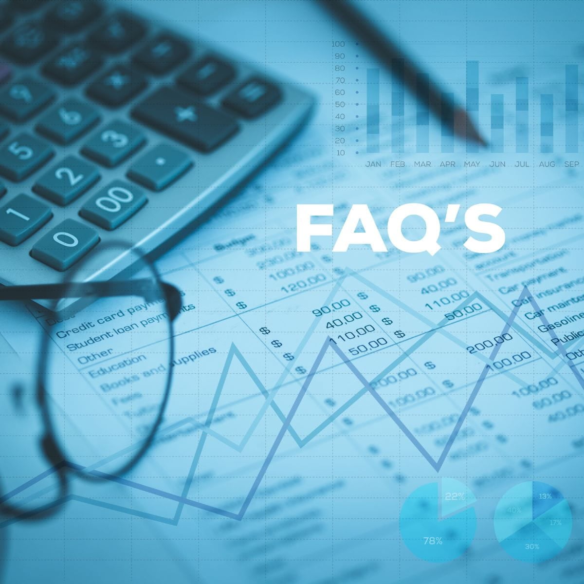 Divorce Financial FAQs FInancial report and calculator with blue overlay "FAQ'S" Divorce financial FAQs.