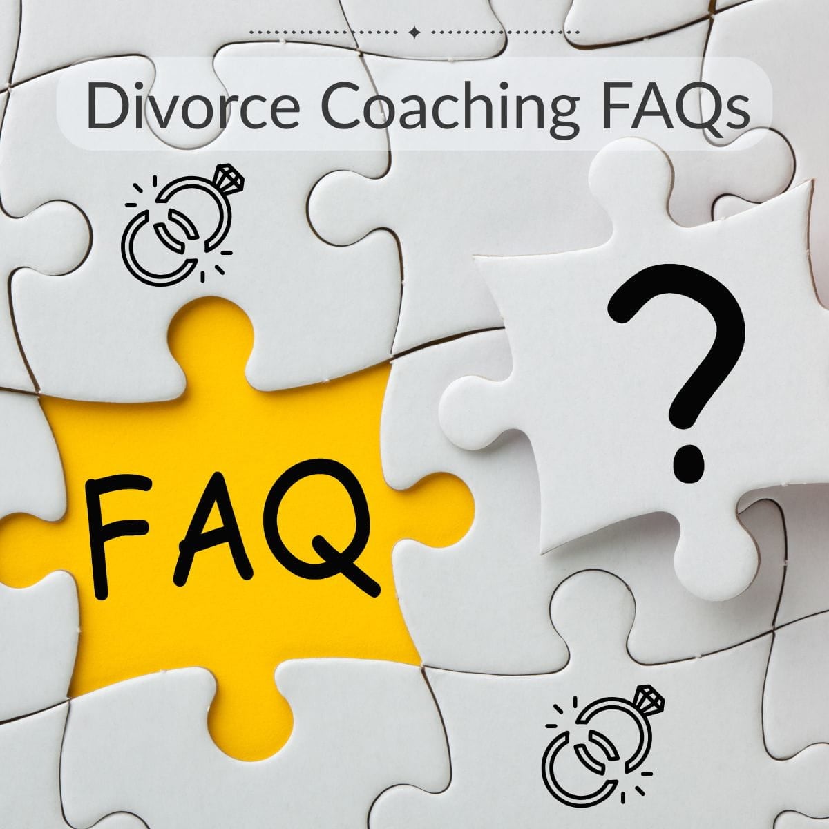 Divorce Coaching FAQs White puzzle missing a piece with yellow underneath showing "FAQ" under the title Divorce Coaching FAQs.