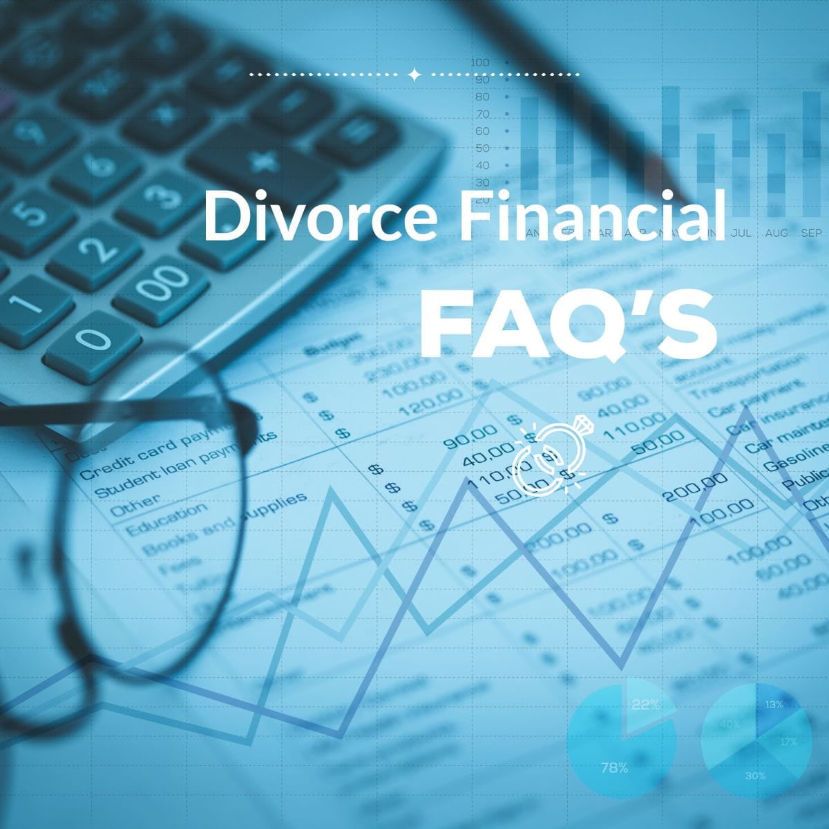 Divorce Financial FAQs FInancial report and calculator with blue overlay "Divorce Financial FAQs."