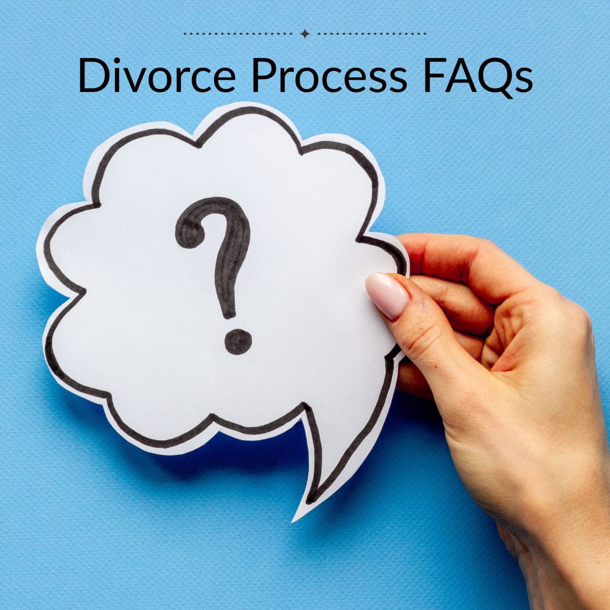 Divorce Process FAQs Hand holding a thought bubble with a question mark in it underneath words Divorce Process FAQs.