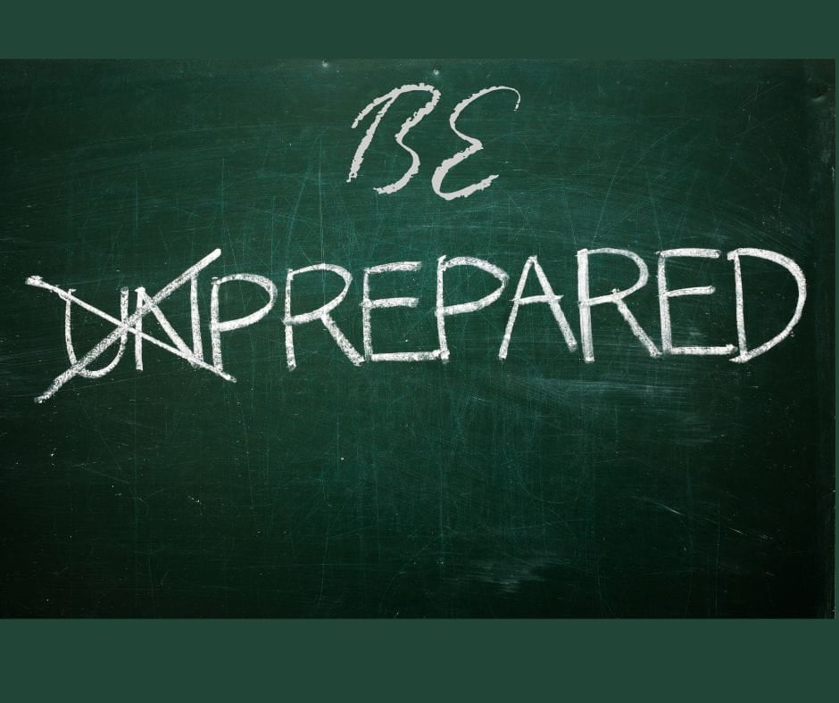 Be Prepared for Divorce Greem chalkboard with the words "Be Prepared."