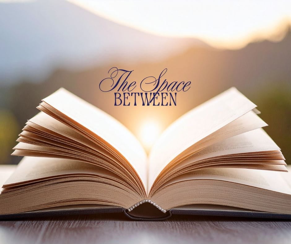 Open book with sunrise in the mountains behind it and words "The Space Between chapters."