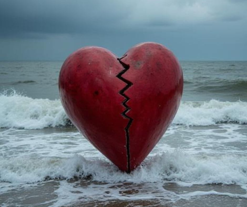 AI image of a giant broken heart on the beach with the waves crashing in.