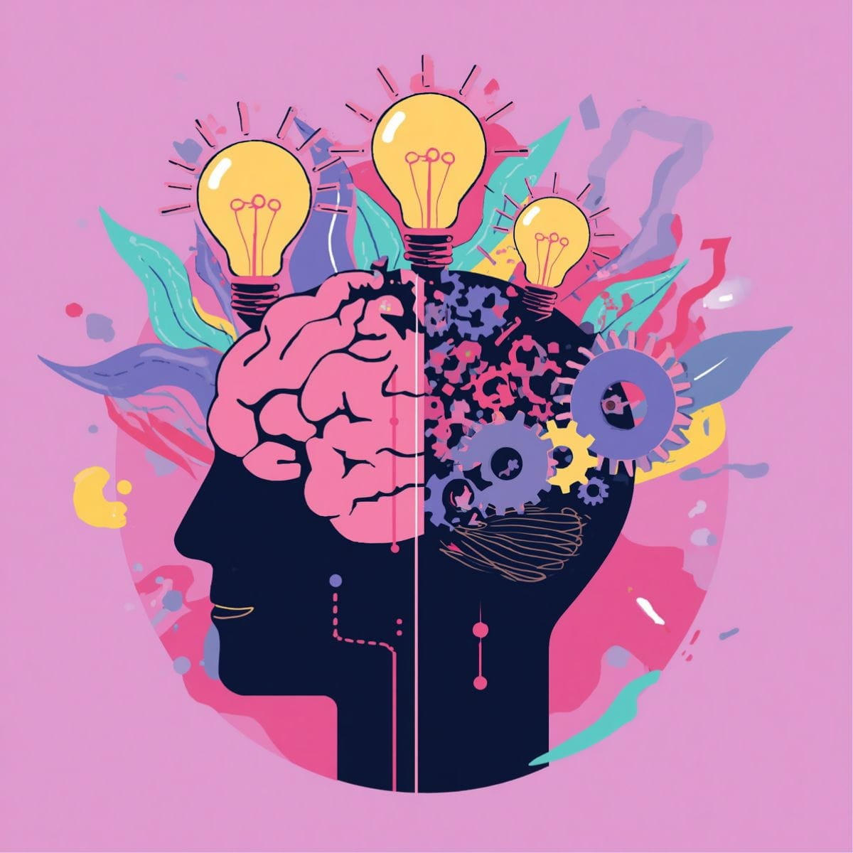Ai image of a head on a pink background. with lightbulbs and gears coming out of it, signifying changing your expectations.