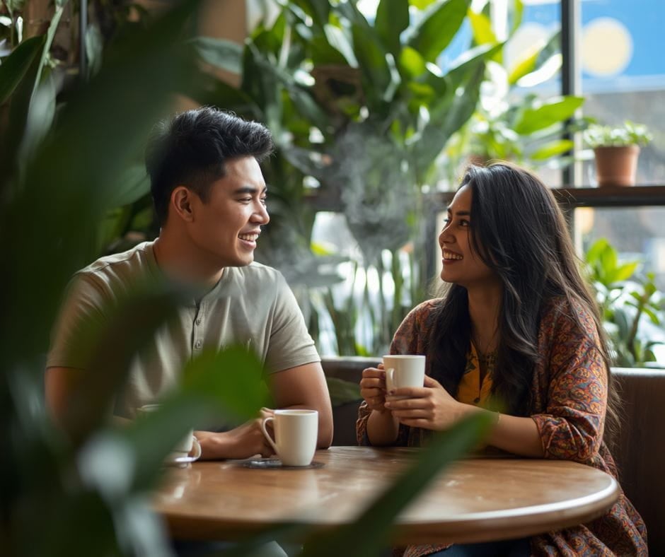 Ai image of a couple at a coffee shop.