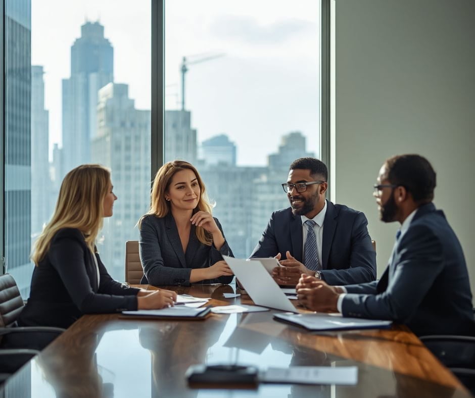 Collaborative Divorce Meeting Ai image of Collaborative Divorce meeting between lawyers and clients