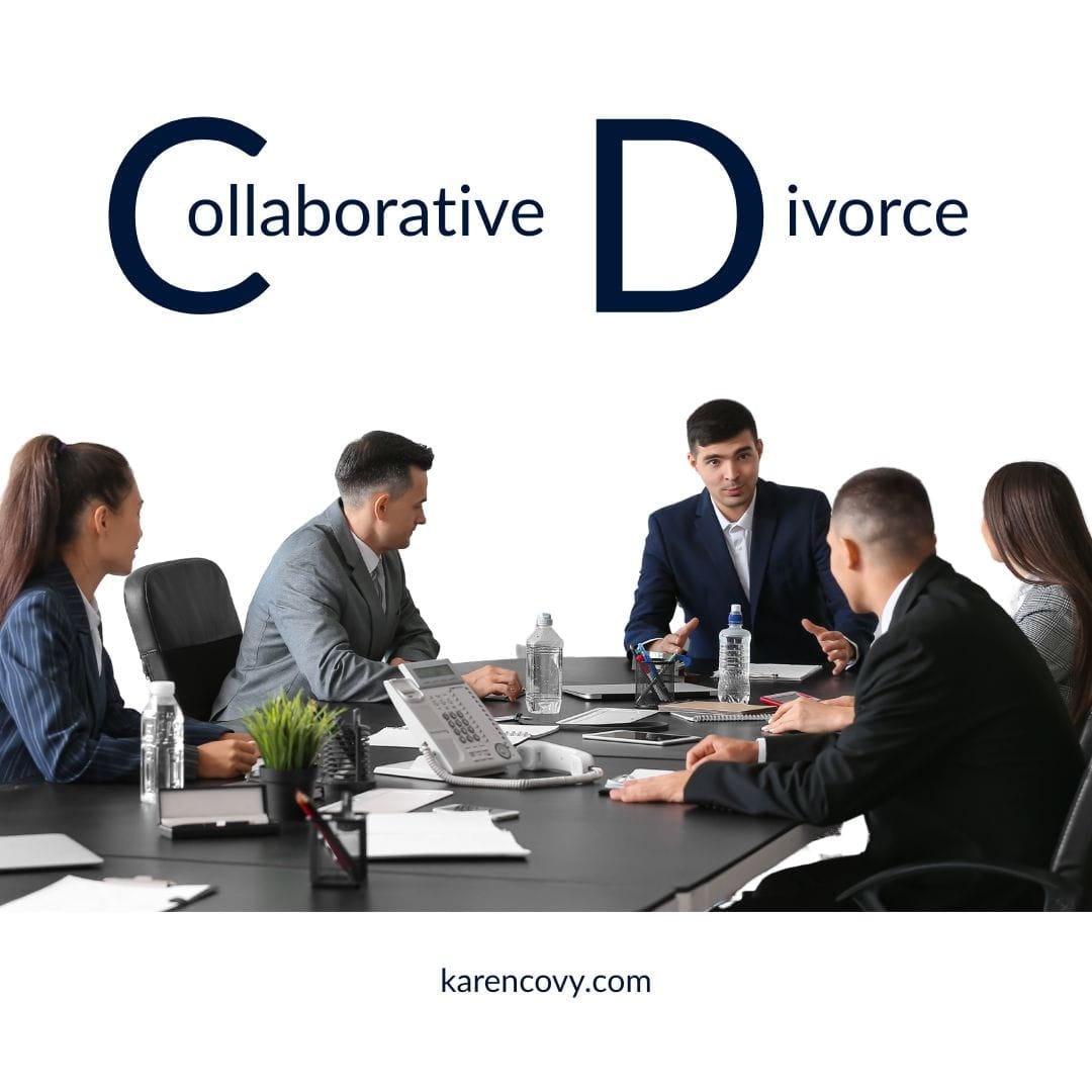 Collaborative Divorce 2 couples at a negotiating table during a Collaborative Divorce with a neutral.