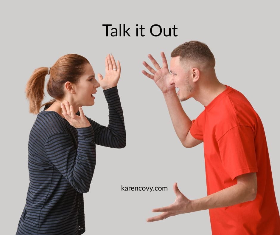 Arguing couple with caption: Talk it Out. Communicate with your sposue.