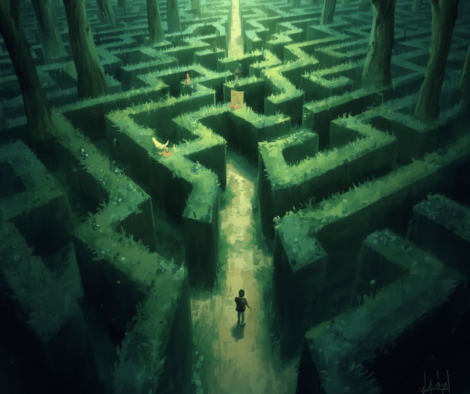 AI image of a confused person walking through a complicated hedge maze.