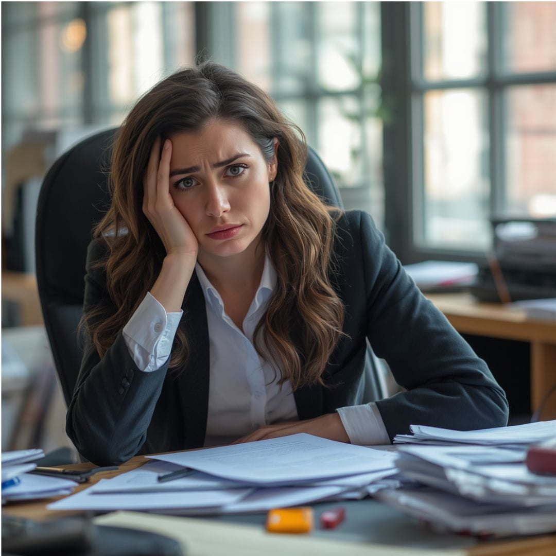 Confused AI image of a confused and upset business woman.