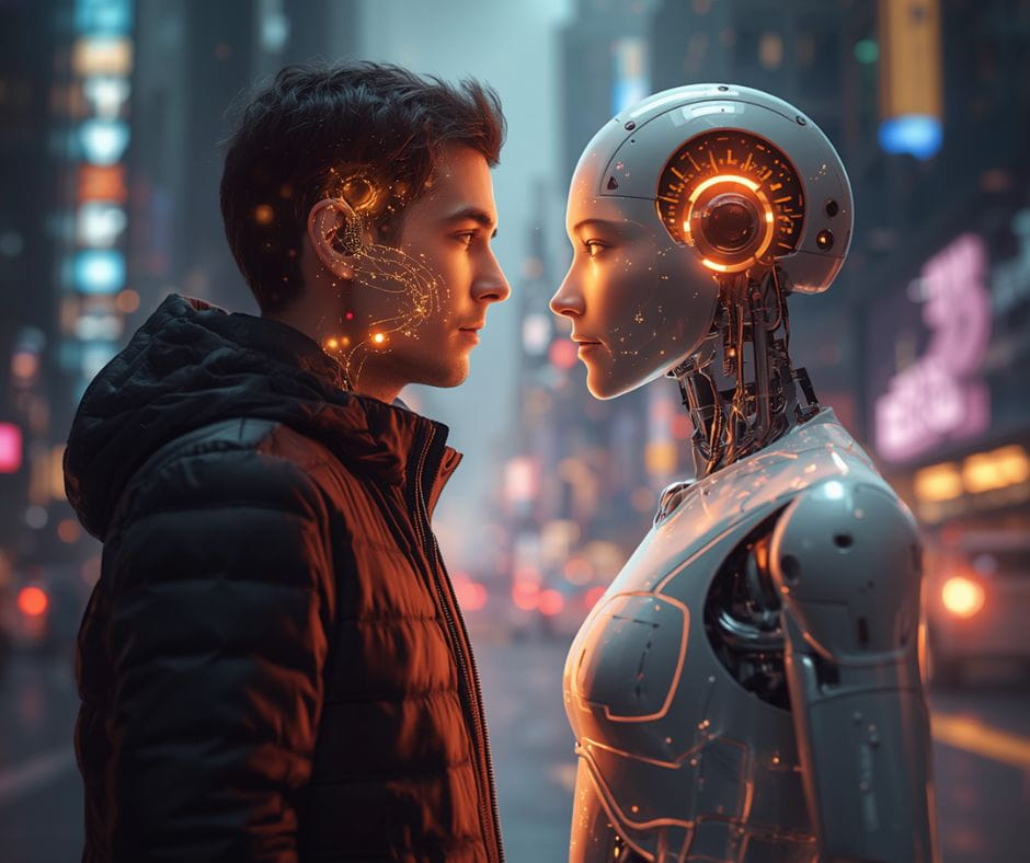 Ai image of a man in love with an AI robot.