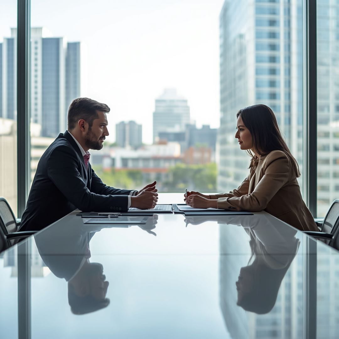Direct Negotiation AI image of a man and woman engaged in direct negotiation in a modern city conference room.