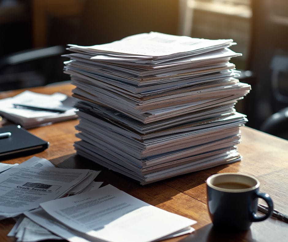 AI image of a pile of discovery documents on a desk with a cup of coffee.