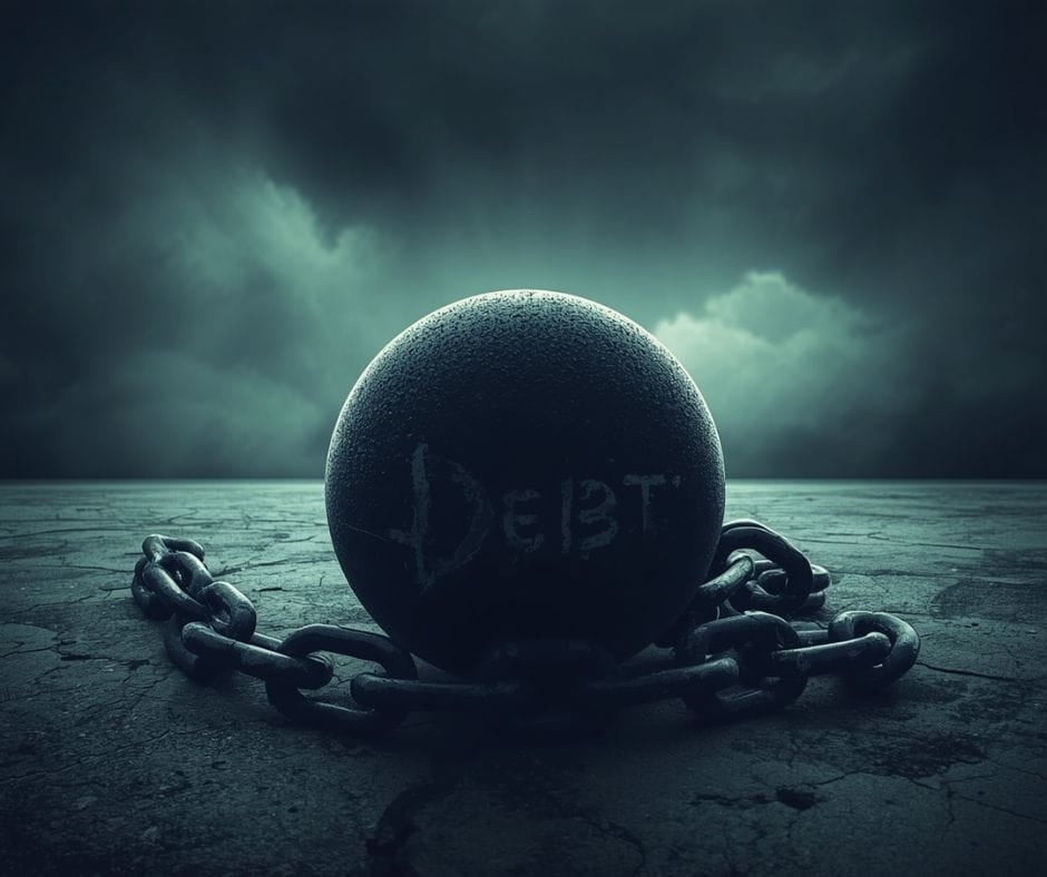 Ball and chain in ominous background. The word "Debt" is on the ball, signifying dividing marital debt in divorce.