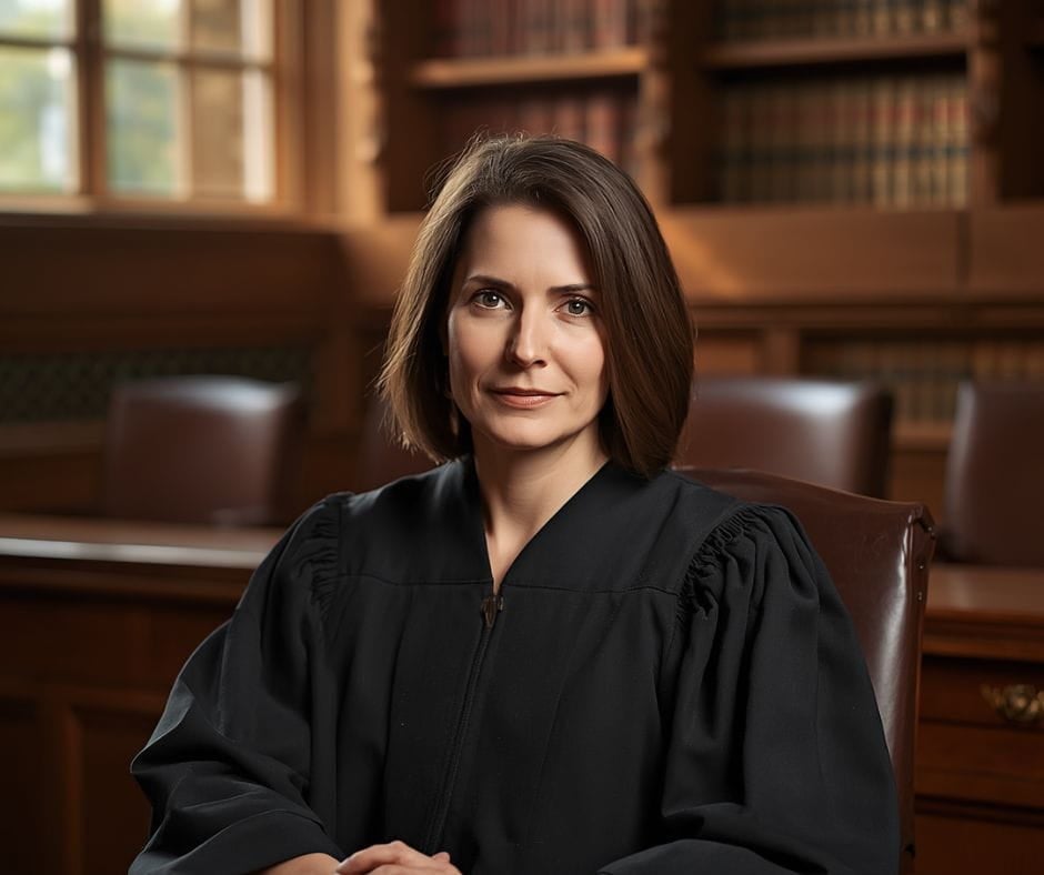 Divorce Court Judge Ai image of female divorce court judge in a court room.
