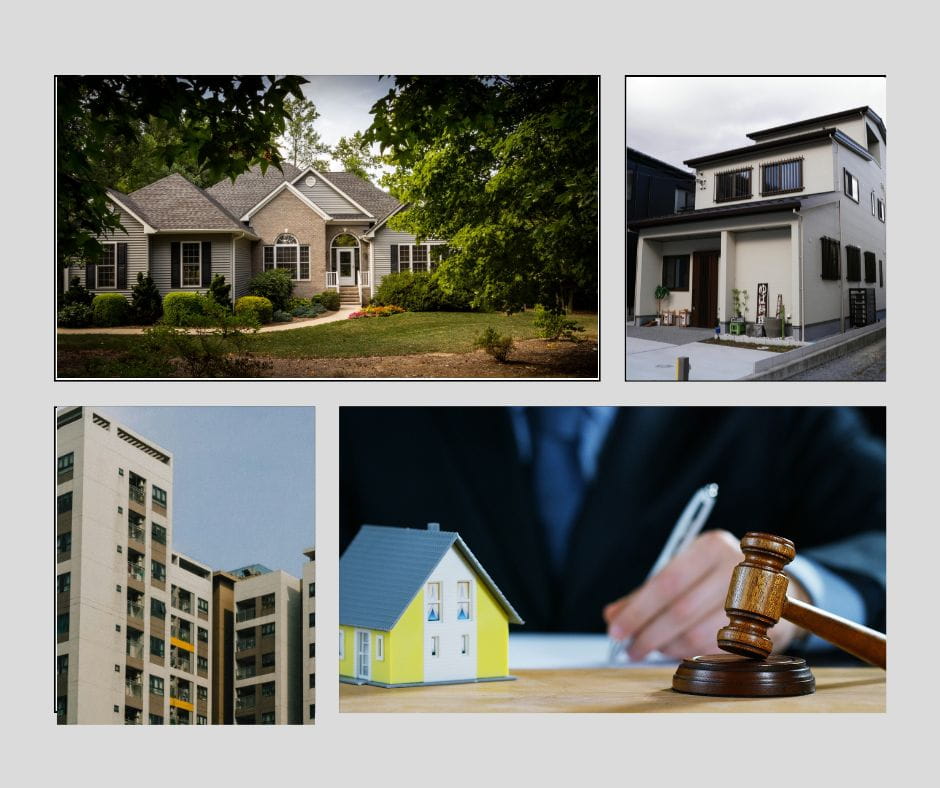 Grid of 2 different homes, an apartment building, and a lawyer signing papers with a plastic house and gavel in front of him signifying divorce jurisdiction.