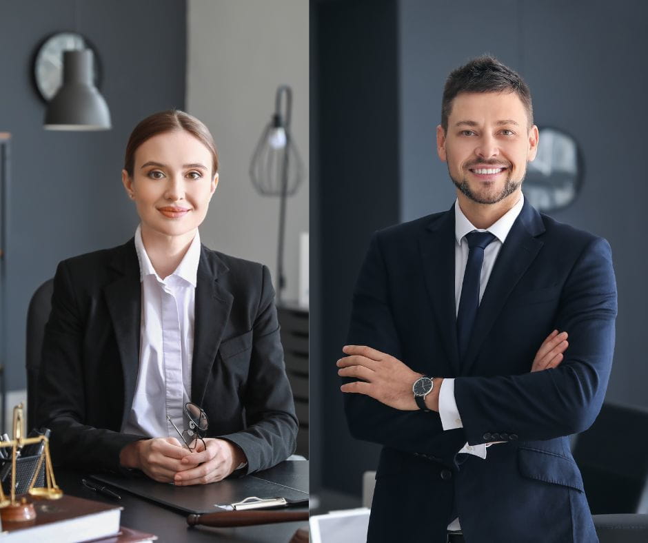 Smiling young male and female lawyers.