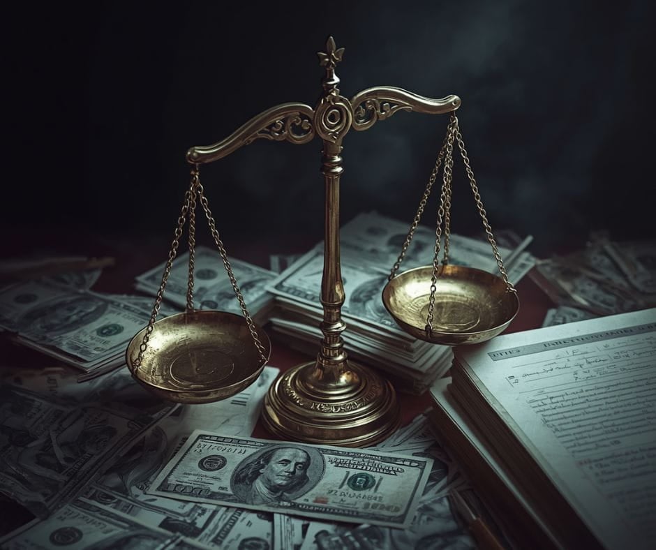 Divorce Litigation AI image of scales of justice on top of 100 dollar bills signifying expensive divorce litigation.