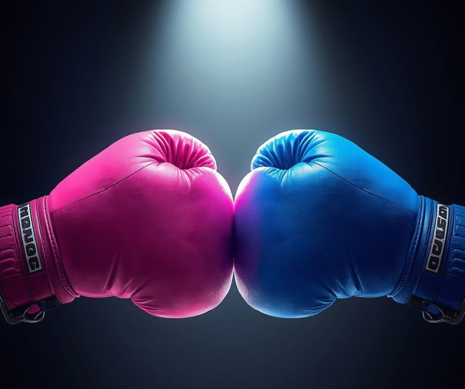 AI image of a pink and blue boxing glove facing off, signifying divorce mediation.
