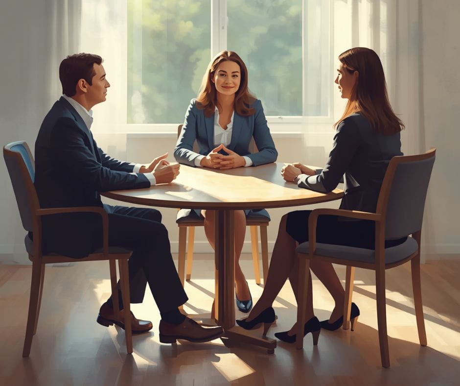 Divorce Mediation Process AI image of a divorce mediation session.