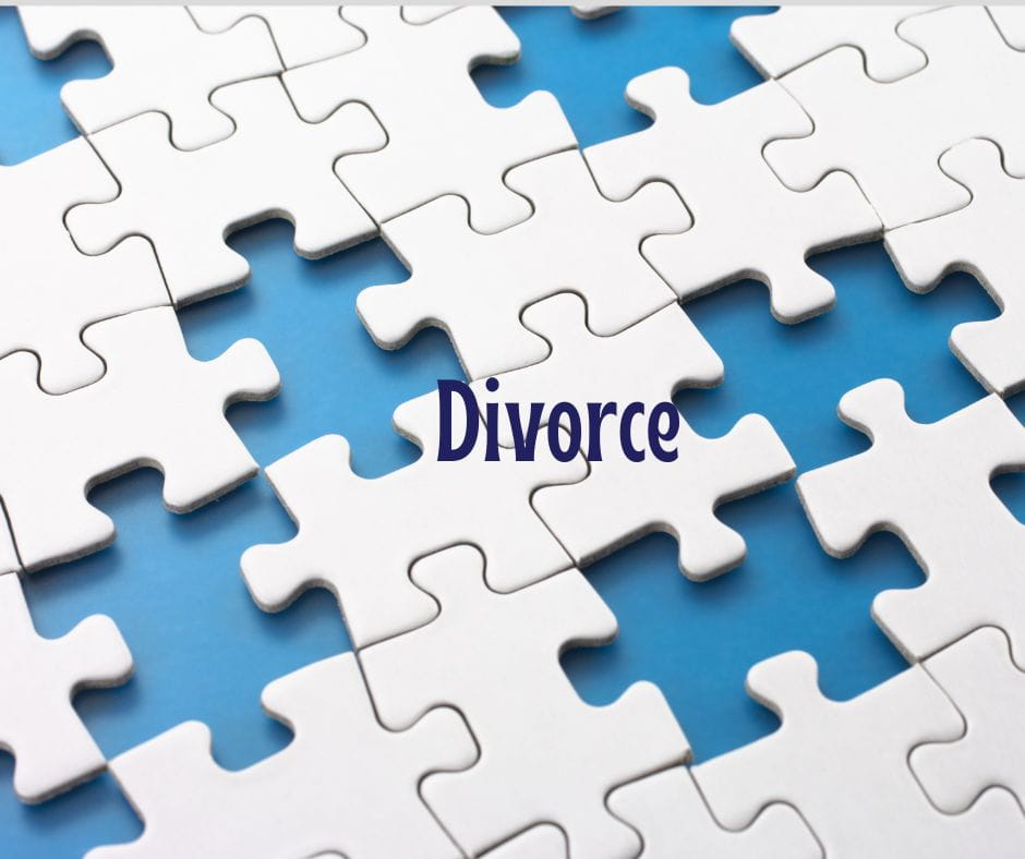 Divorce Puzzle White puzzle pieces on blue background with the word "Divorce" written on them.