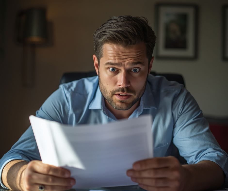 AI image of a surprised man reading divorce settlement papers.