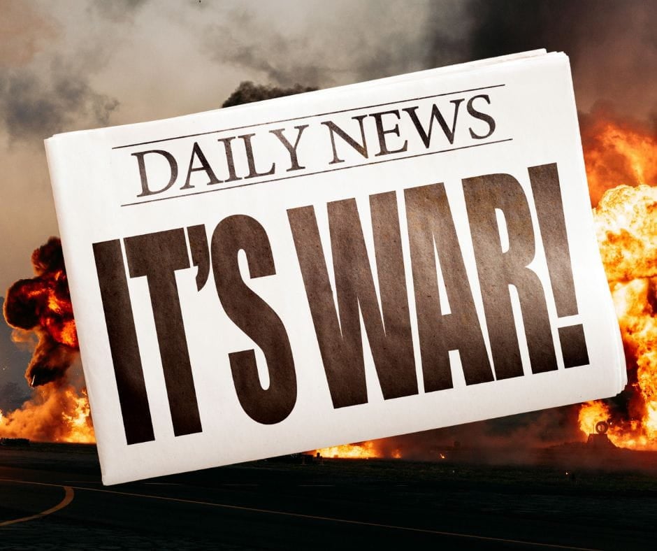 Divorce War Daily news with caption "It's War" superimposed over explosions. Divorce war.