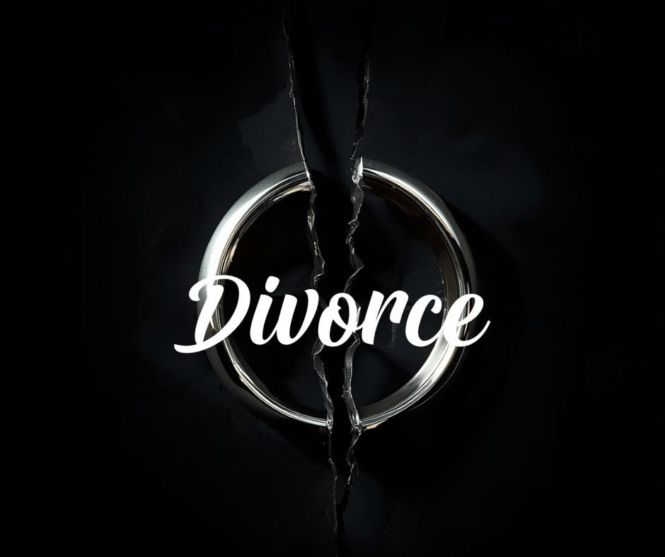 Broken wedding ring on a black background with the word "Divorce" on it.