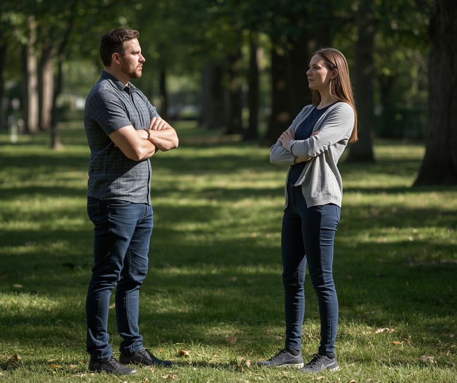 Divorcing Couple at Standoff AI image of a divorcing couple standing off in a park