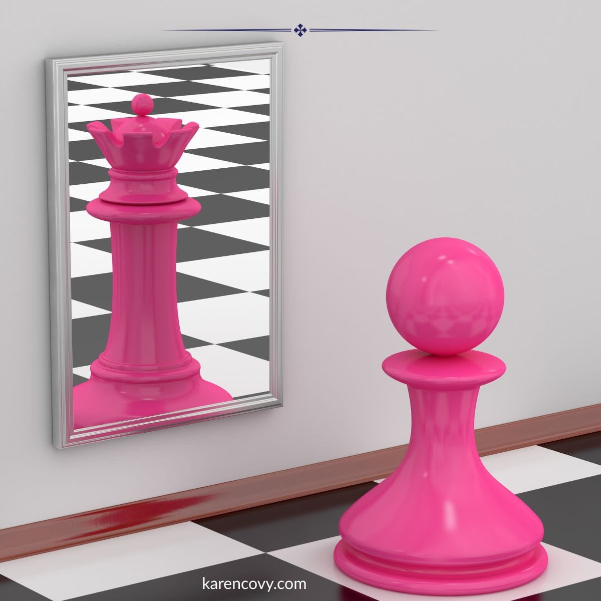 Hot pink pawn looking in a mirror and seeing a hot pink queen (chess pieces.) Divorcing a narcissist.