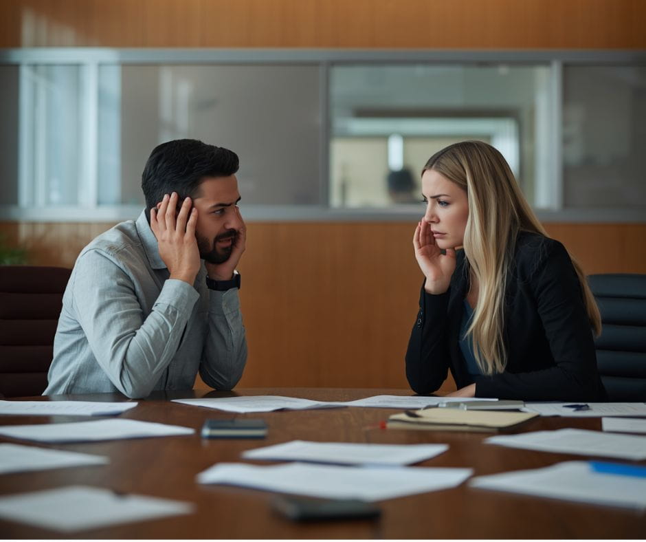 Divorcing couple negotiating at kitchen table AI image of an anxious Divorcing couple negotiating at kitchen table
