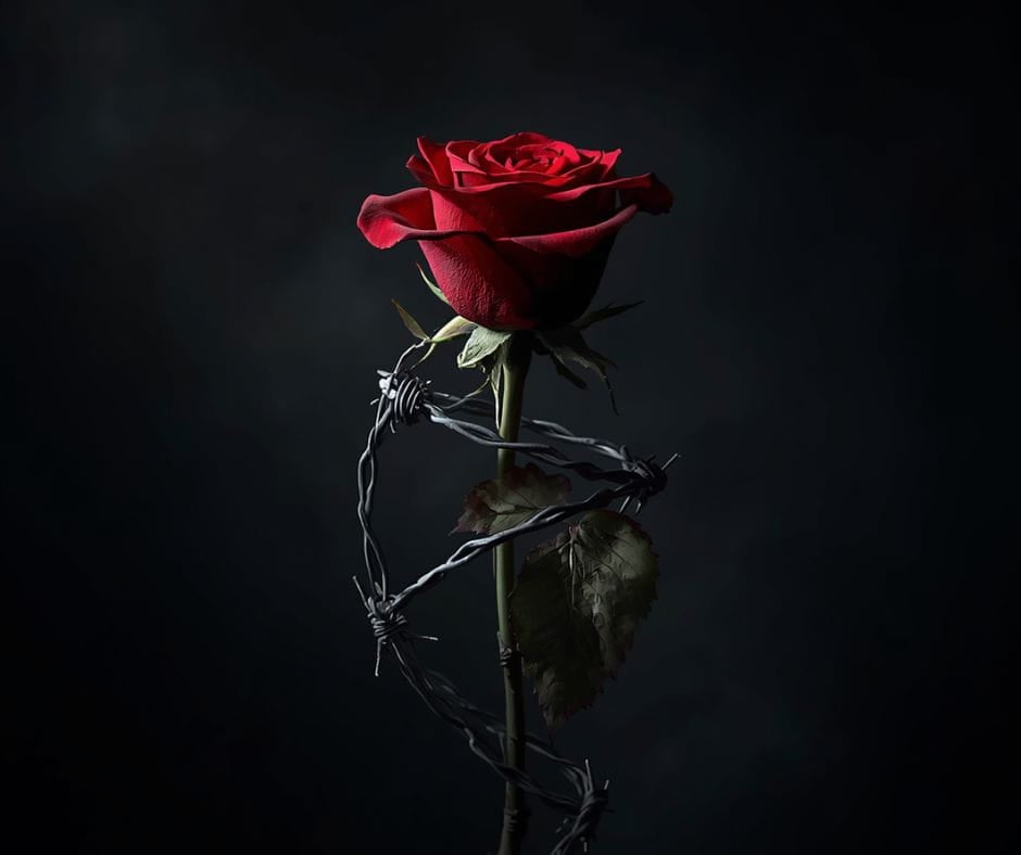 AI image of rose covered with barbed wire.