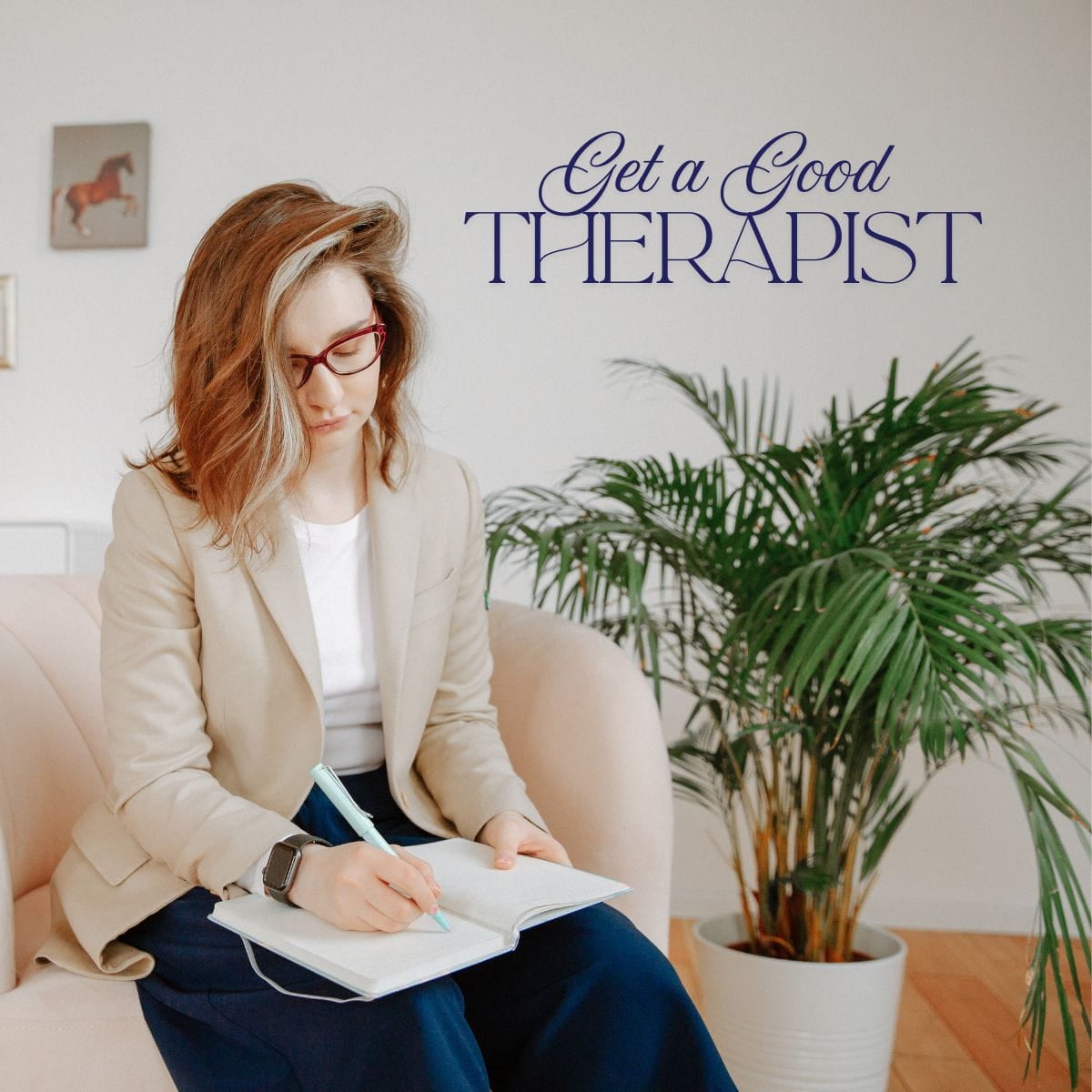 Thearpist sitting on a couch taking notes. Title above her: Get a Good Therapist.