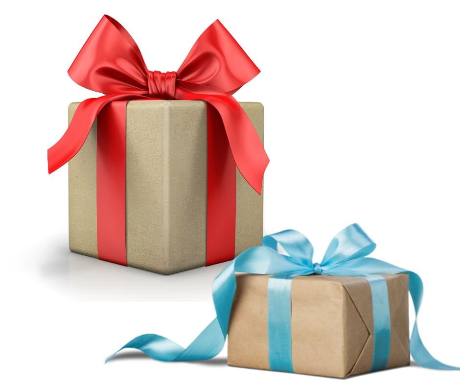 Wrapped gifts: one with a red ribbon and one with blue.