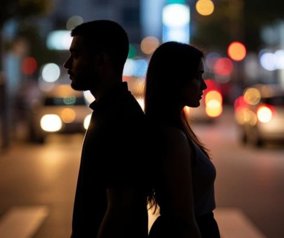Silhouette of a couple with their backs to each other in front of blurred traffic. Irreconcilable differences.