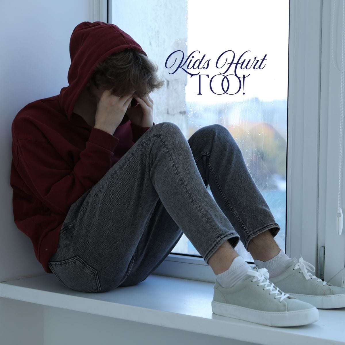 Teenager in a hoodie covering his face. Words: Kids hurt too!