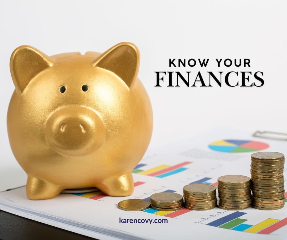 Know Your Finances Gold piggy bank with money stacked up and caption: Know Your Finances.