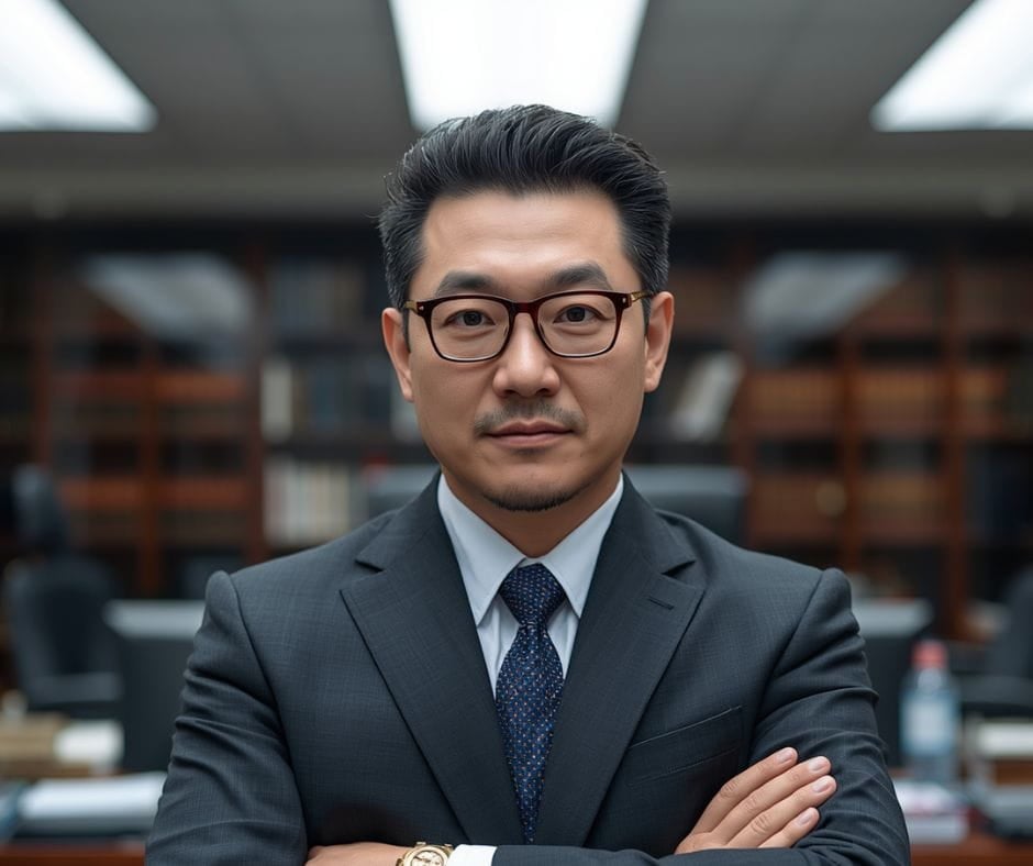 AI image of Asian male lawyerin a law library.