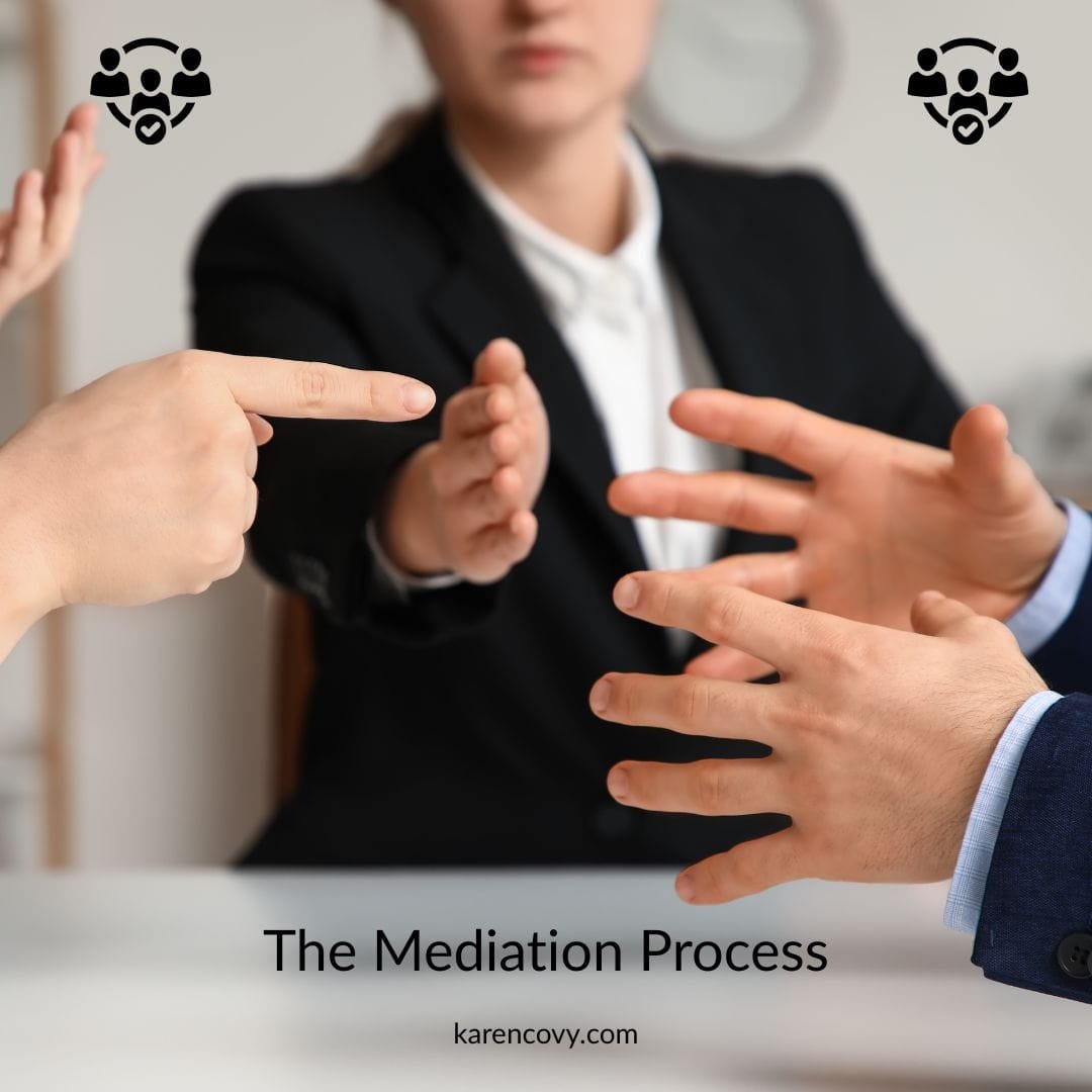 Mediation Mediator outstretching a hand between arguing man and woman. The mediation process