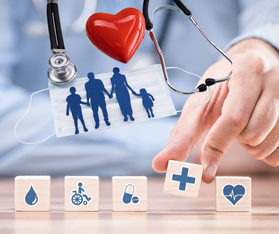 Stethoscope over a family with a heart and other medical images signifying medical insurance and divorce.