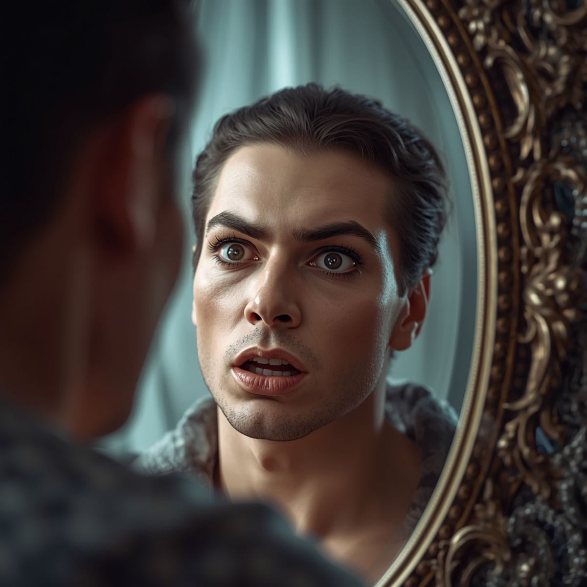 AI Image of a handsome narcissistic man staring at himself in the mirror.